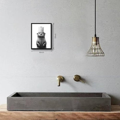 Framed Funny Bathroom Wall Art, Black and White Animal Canvas Wall Decor Painting, Cute Otter Holding Toilet Paper on Head Prints Pictures for Bathroom Restroom 8x10 Inch Black Frame