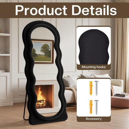 Anpark Full Length Mirror 71"x30" Irregular Wavy Full Body Wall Mounted Floor Mirror with Stand Black Flannel Frame Leaning Hanging Wall for Bedroom Entrance Hallway