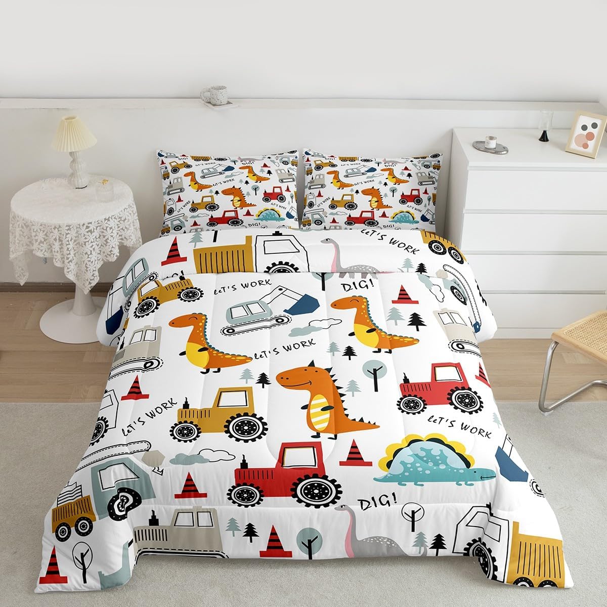 Set Set Set Set Set Feelyou Construction Comforter Kids Cartoon Dinosaur Comforter Cover for Boys Equipment Trucks