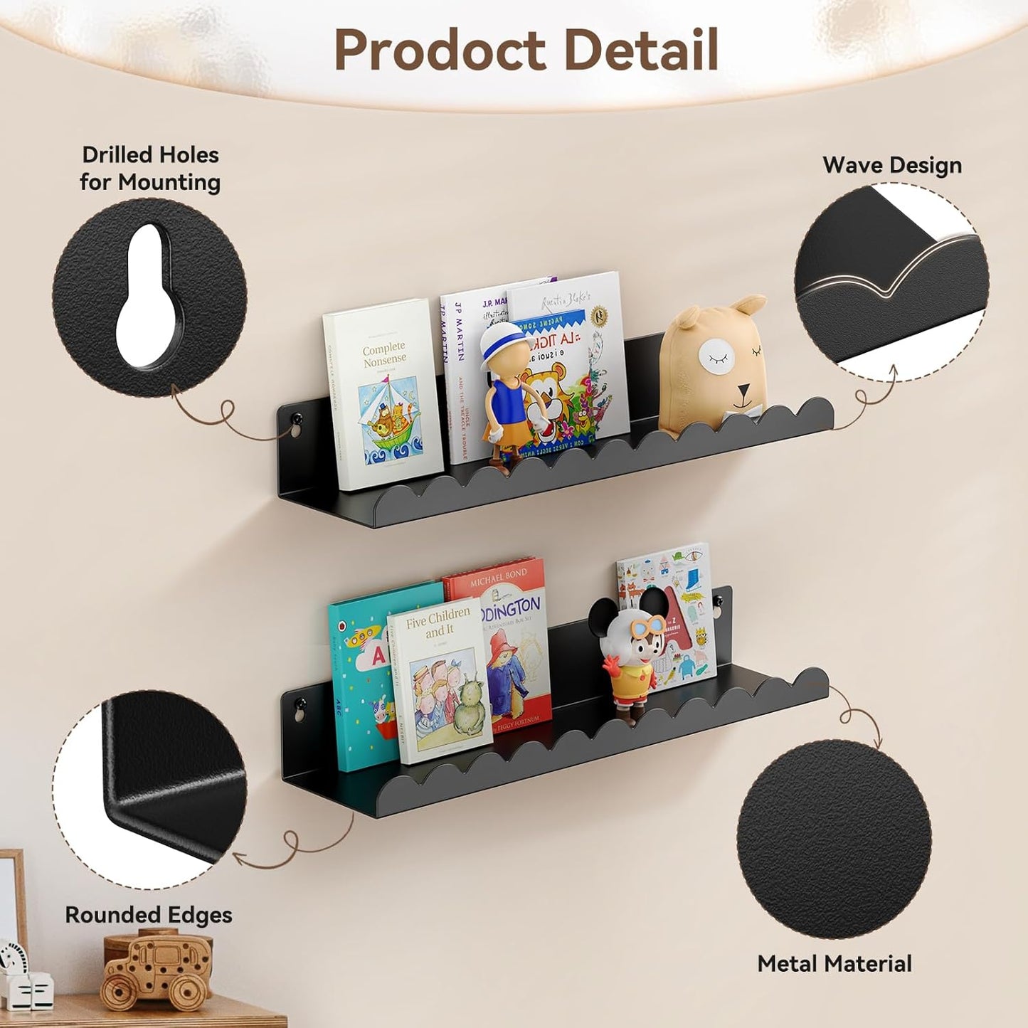 17 Inch 4 Pack, Nursery Book Shelves, Metal Floating Shelves for Wall Scalloped Shelves, Wall Mounted Book Shelf