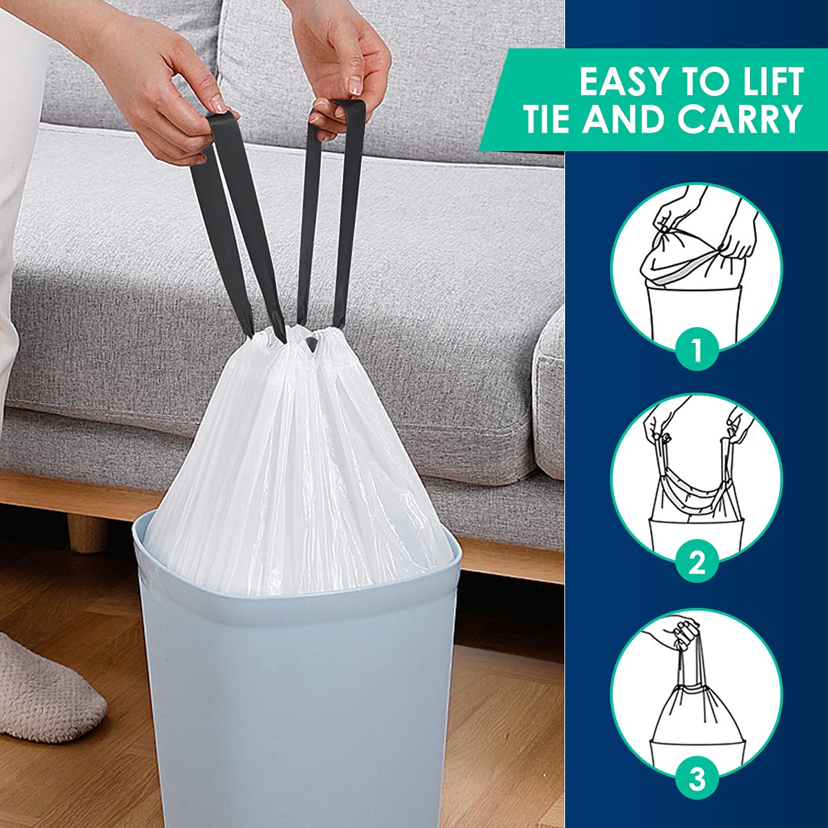 1 Gallon 100 Counts Mini Strong Drawstring Trash Bags Garbage Bags by RayPard, fit 3-4 Liter Small Trash Can, Tiny Waste Basket Liners for Home Office Bathroom Bedroom Car, White