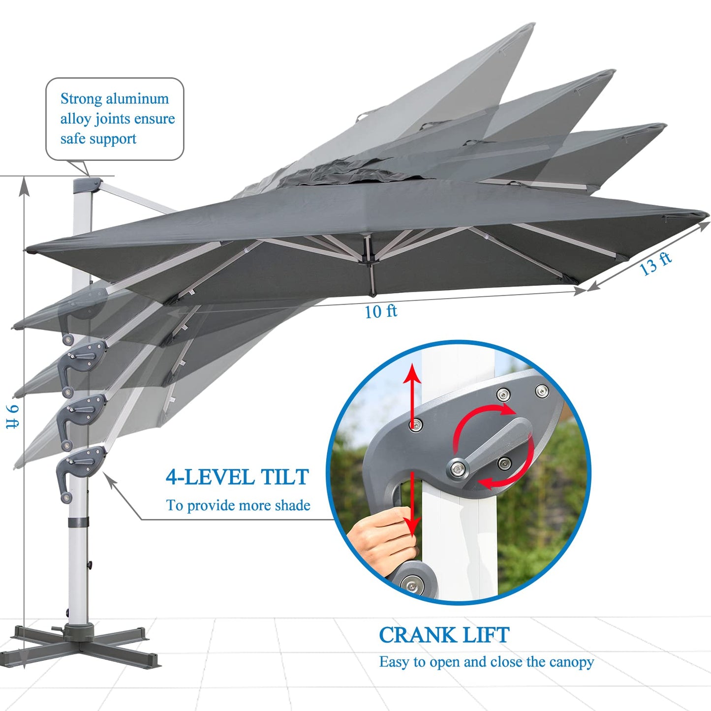 LKINBO 10x13 FT Rectangle Cantilever Umbrella with Cross Base, Heavy Duty Large Patio Umbrella 360 Degree Rotation Outdoor Offset Umbrella with Easy Tilt & Crank for Pool Deck Backyard, Gray