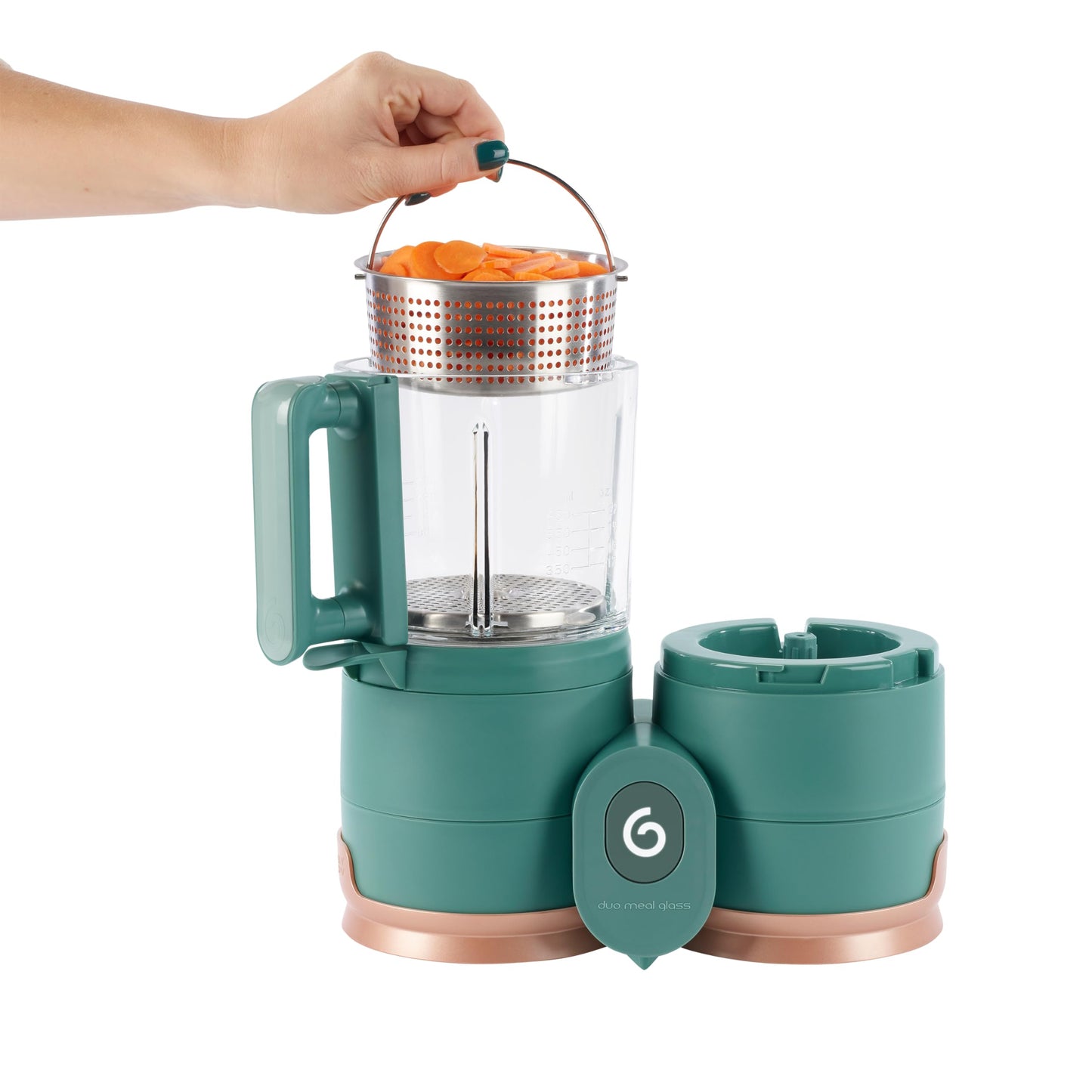Babymoov Duo Meal Glass Food Maker - Baby Food Processor with Built-in Glass Steamer, Stainless Steel Basket, and Glass Blender (Over 6 Cup Capacity), Dark green