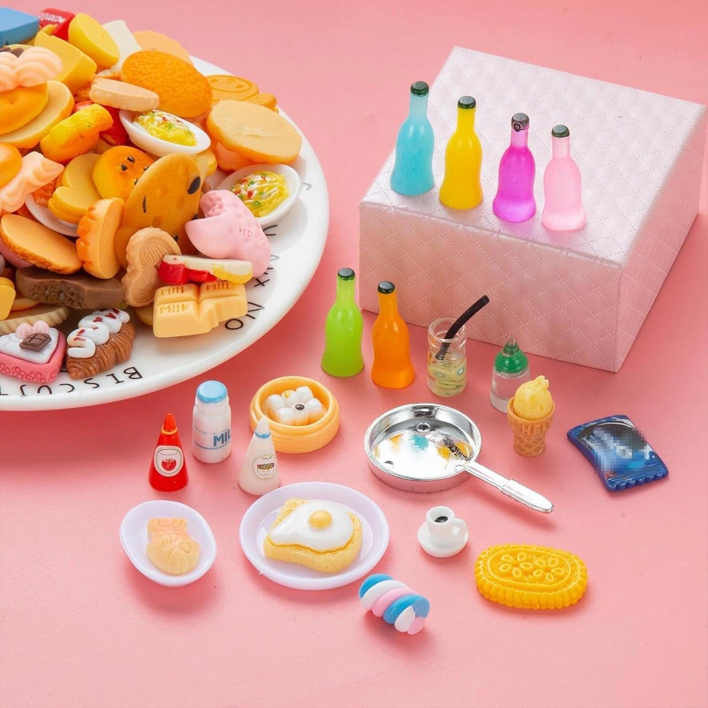 150 Pcs Miniature Food Drinks Bottle Toys Mixed for Dollhouse Kitchen Accessories Mini Play Fake Resin Pretend Game Party Tableware 1/12 Doll House Bread Cake Models Micro