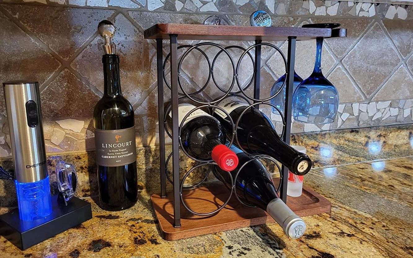 SASIDO Wine Racks Countertop, Wine Holder and Glasses Rack, Wooden Wine Stand with Tray, Perfect for Home Decor & Kitchen Storage Rack etc (Hold 6 Bottles and 2 Glasses)