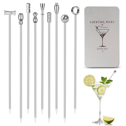 Metal Martini Cocktail Picks 9 Pcs, 4.1 in Olive Skewers Stainless Steel, Martini Garnish Sticks Reusable, Metal Toothpicks for Drinks, Appetizers, Bar Accessories Gift for Bartenders - Sliver