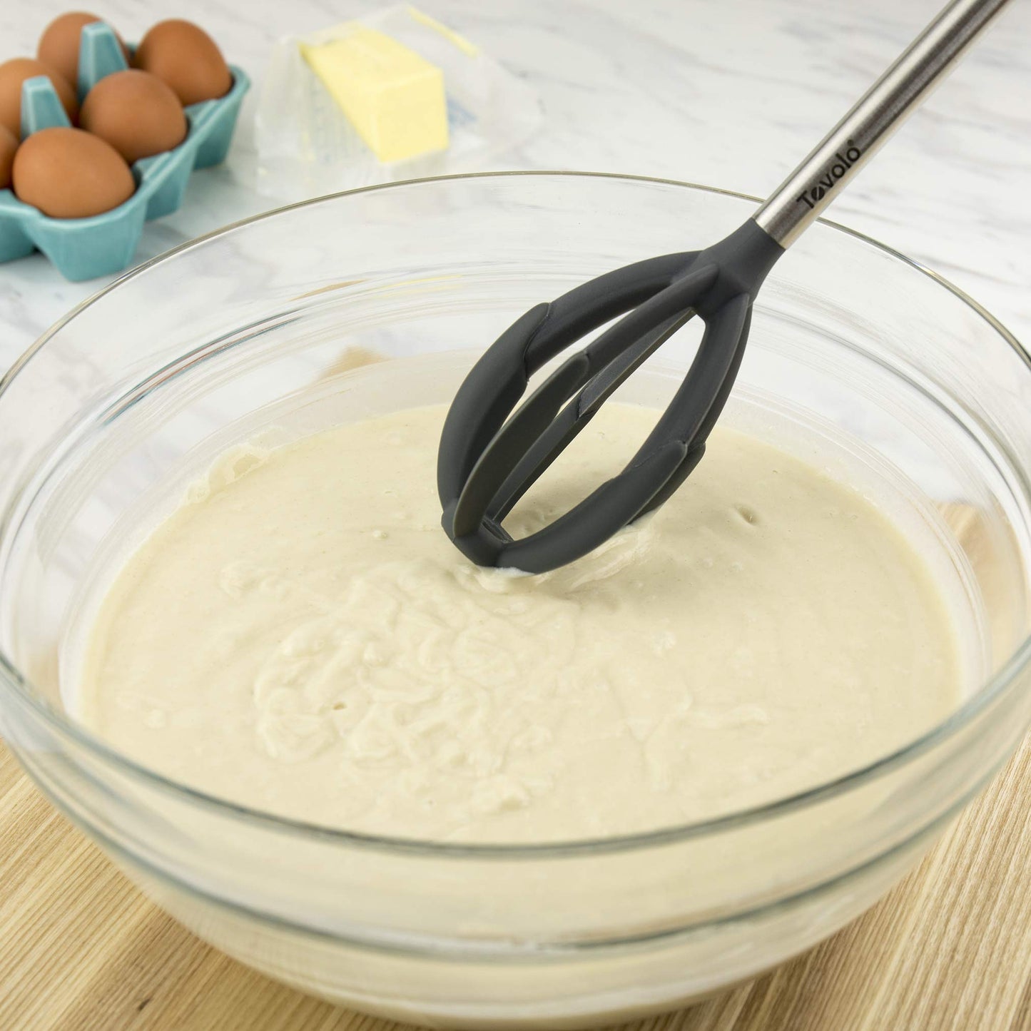 Tovolo Pancake Batter Mixer Whisker for Mixing Waffles Cakes Muffins and Brownies, Silicone Coated Blades Scrape Bowls Clean, BPA Free Dishwasher Safe Easy to Use Kitchen Utensil, Charcoal Gray