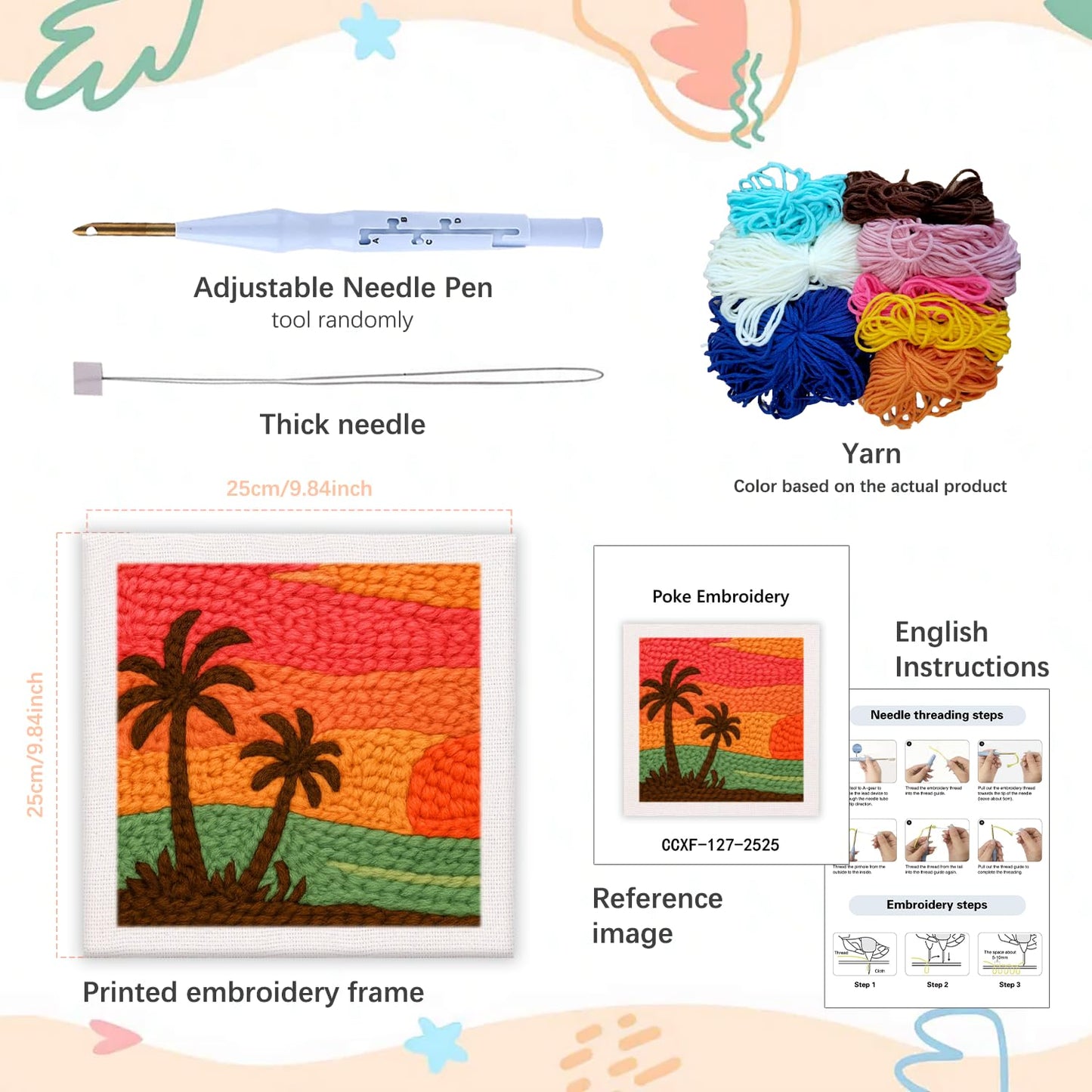 SDOYUNO Punch Needle Kit with Frame for Adults Beginners Kits 9.84 x 9.84 Inch Embroidery Starter Kits Punch Needle Kit with Sunset Beach Pattern, Threader, Yarns, Rug Punch, DIY Craft Kits (Green)
