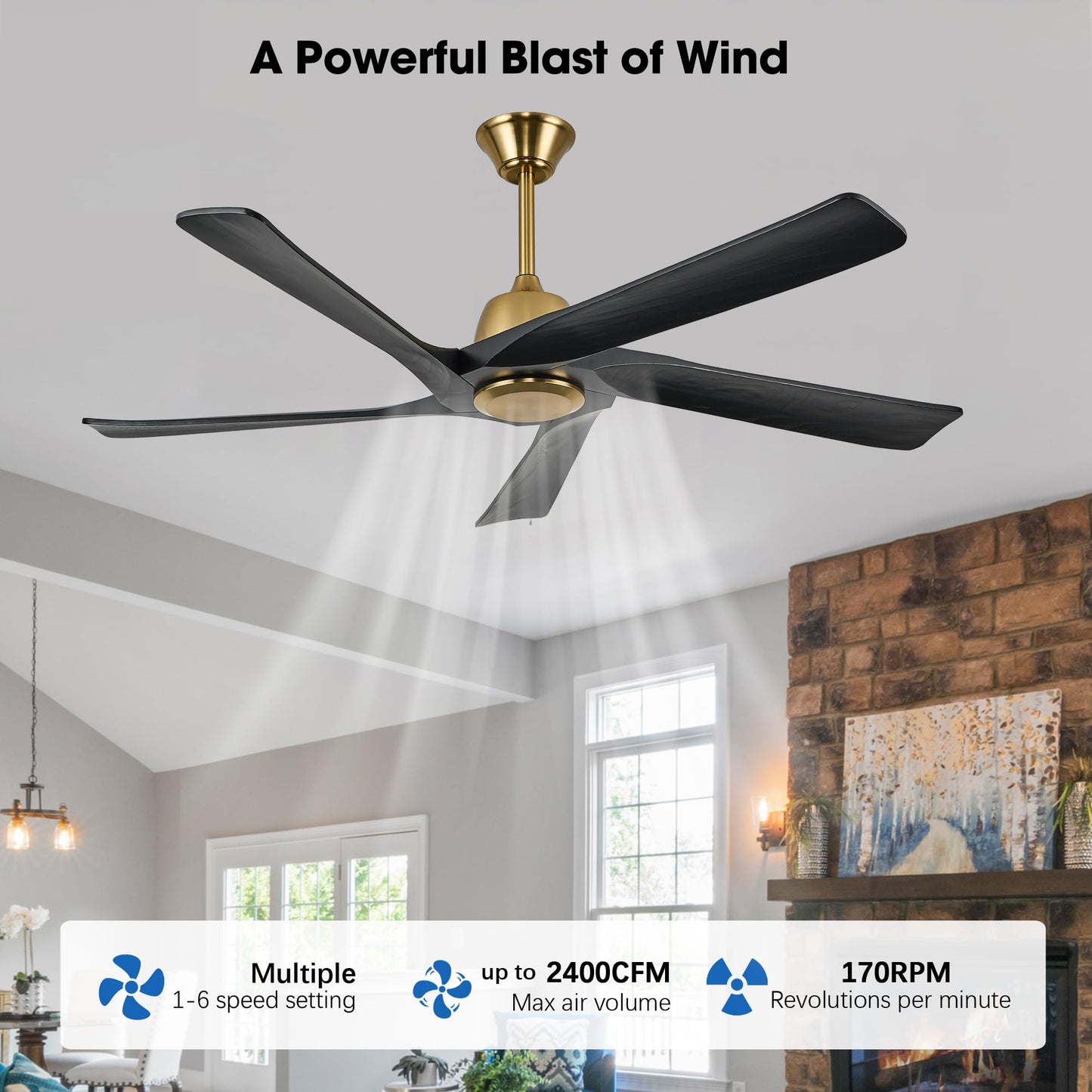 LVYEAYOU 60" Black and Gold Ceiling Fan No Lights, Remote and APP Control, 6-speed Reversible, Quiet DC Motor, Wood Ceiling Fans for Bedroom, Living Room, Office, Outdoor Patio