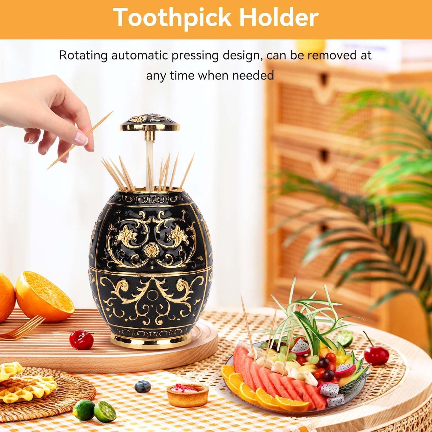 Retractable Toothpick Holder Portable Toothpick Dispenser Hand Push Toothpicks Case Automatic Retro Pop up Toothpicks Storage Organizer Container for Kitchen Home Restaurant Decoration(Gold+Black)