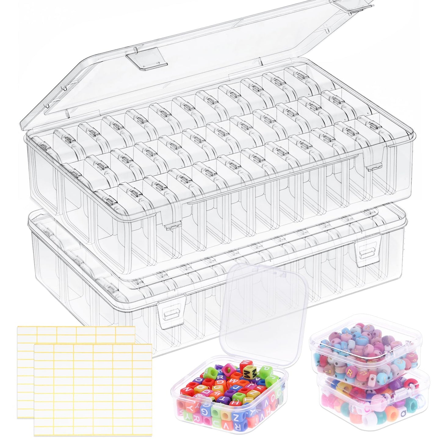 OUTUXED Bead Organizer Box, 72Pcs Small Clear Plastic Bead Storage, Mini Craft Storage Containers Boxes with Hinged Lid and Labels for Bracelets, Making DIY Jewelry Craft Nail, Screws, Seeds