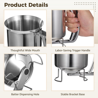 2 PCS Stainless Steel Batter Dispenser, 27 oz Pancake Batter Dispensing Container with Handle, Manual Cupcake Mix Dispenser for Cooking, Baking, Candle Making, Kitchen and DIY Use