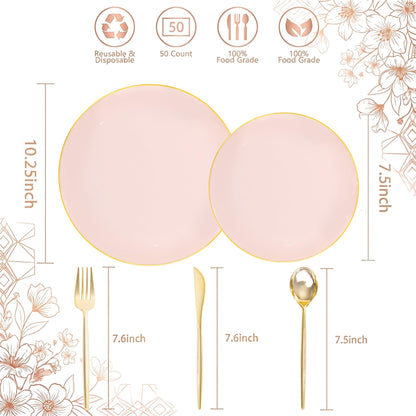 I00000 150 PCS Pink Plastic Plates for Party,Heavy Duty Pink Disposable Plates,Gold Dinnerware Set Include 30 Dinner Plates,30 Dessert Plates,30 Gold Plastic Silverware Set for Mother's Day