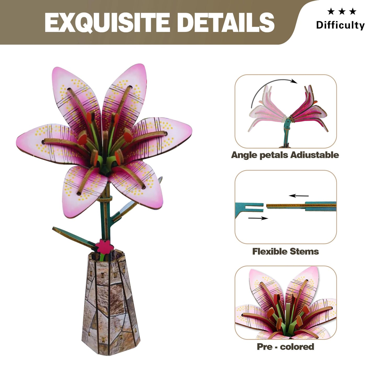 LYYHUWJIE 3D Flower Puzzle for Adults, Lily DIY Wooden Flower Crafts Set, Artificial Flower Model Kit to Assemble, Creative Adult Craft Kit for Women, Desk Decor & Mother’s Day Gift