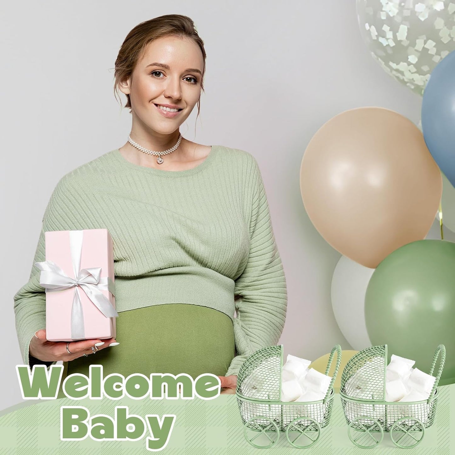 Threehoney 12 Pcs Baby Shower Mini Carriage Decoration Greenery Color Metal Wired Fillable Candy Stroller Baby Shower