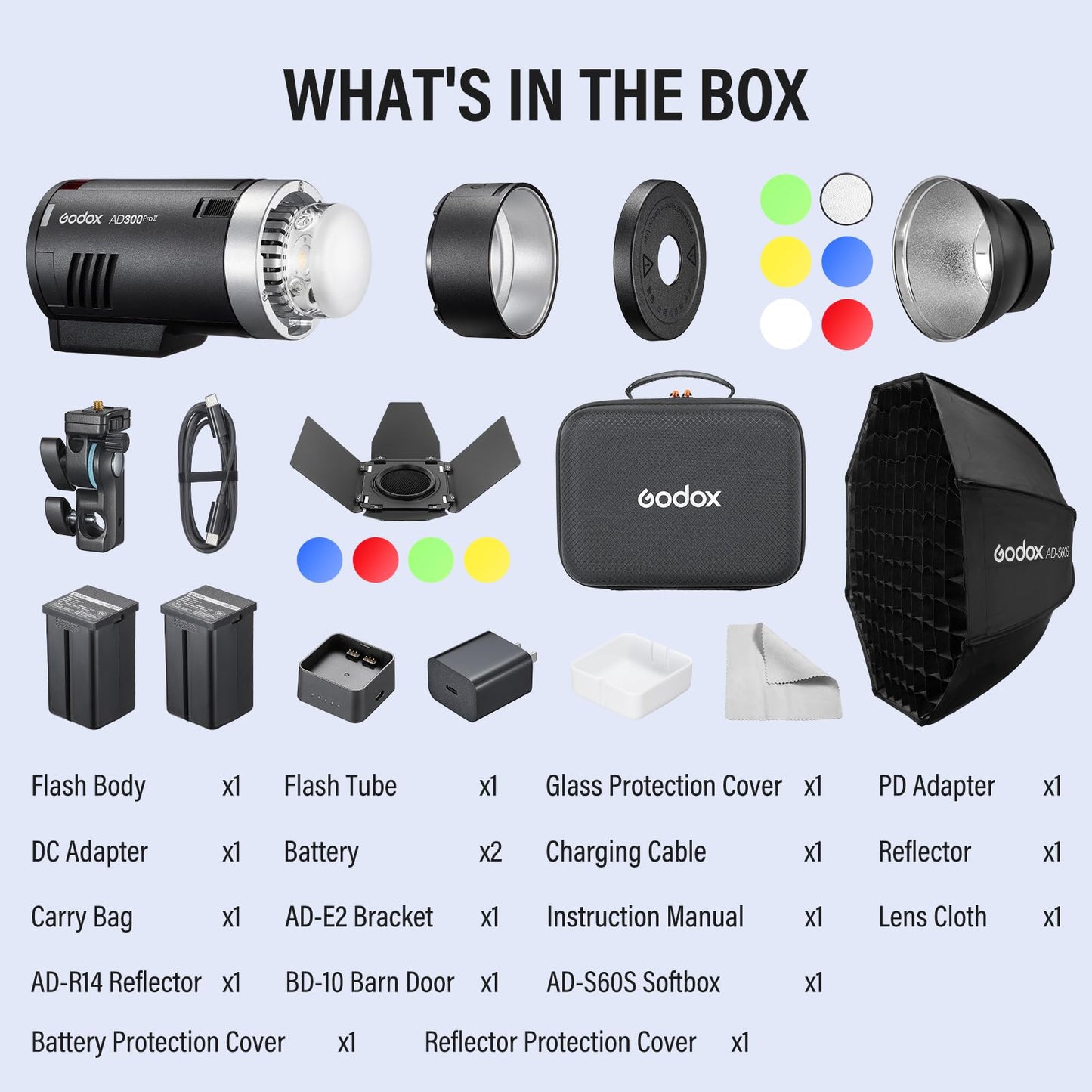 GODOX AD300Pro II AD300 Pro II TTL HSS Studio Outdoor Strobe Flash Monolight Kit with AD-S60S Softbox, WB300P Battery, AD-R14 Standard Reflector and BD-10 Barn Door Set