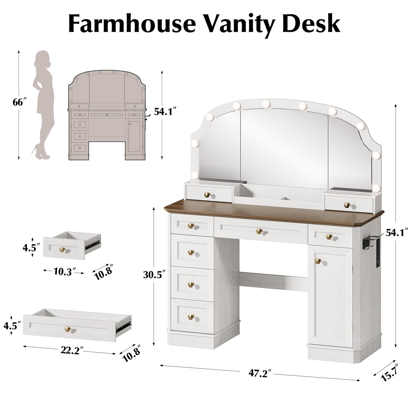 AMBERHAUS Farmhouse Makeup Vanity Desk with Mirror and Lights, 47'' Vanity Table with 8 Storage Drawers 1 Cabinet & 2 Organizer Trays, Large Dressing Table with Charging for Bedroom Rustic White