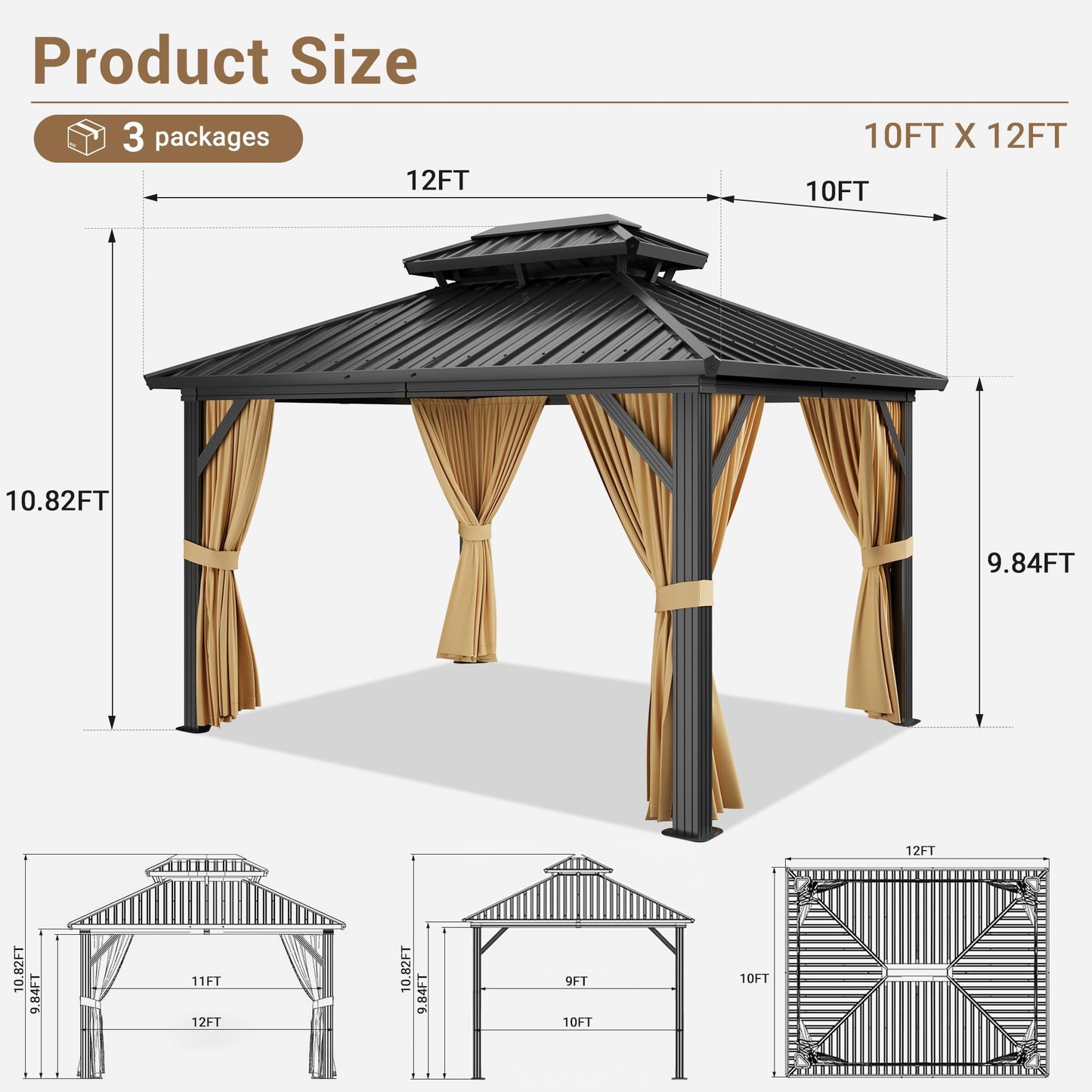 10x12 FT Hardtop Gazebo with Double Galvanized Steel Roof, Heavy-Duty Aluminum & Iron Frame, Mosquito Netting and Privacy Curtains, All-Weather Outdoor Pavilion for Patio Backyard Garden Deck, Khaki