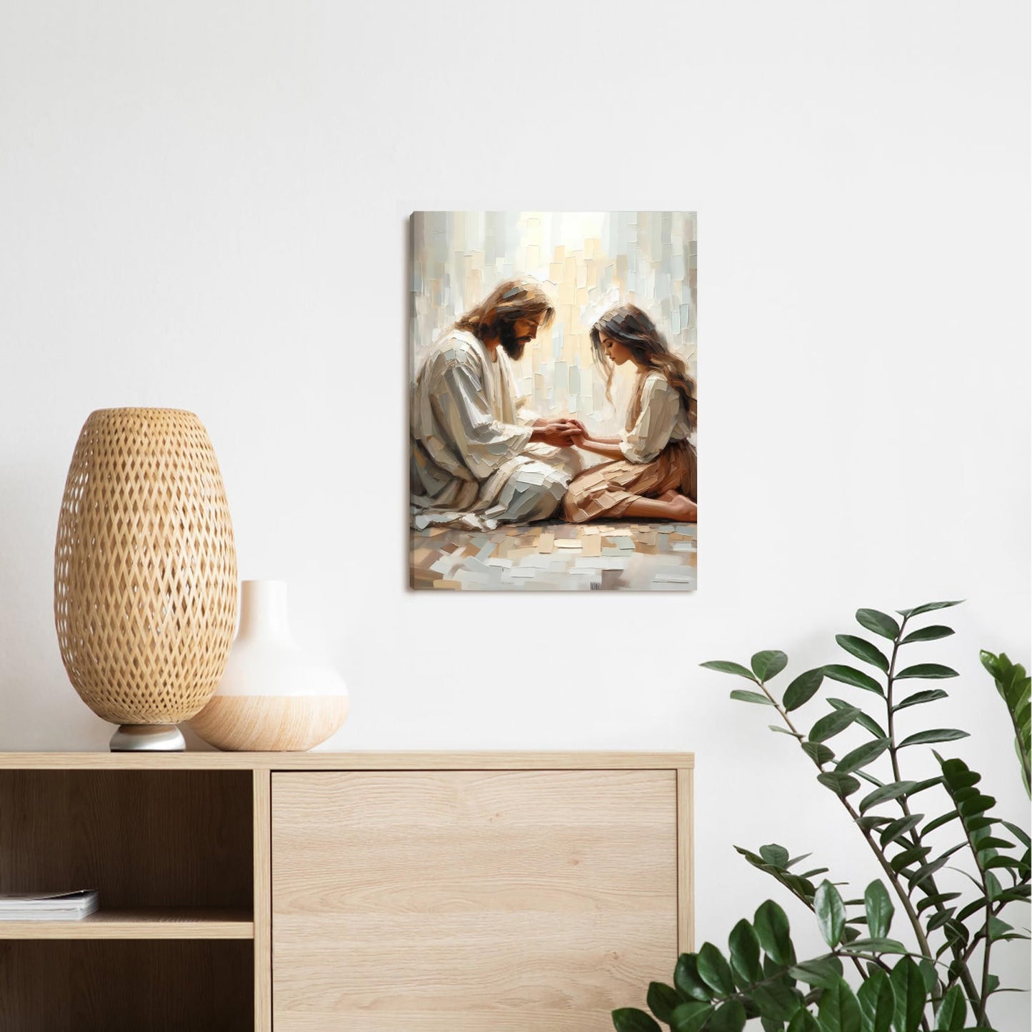 Palette Dreams Jesus And Girl Praying Painting Print Picture Wall Art ，Christian Paintings Religious Canvas Wall Decor Prayer Artwork for Living Room Bedroom Church Prayer Room Decor 12 x 16 Inch Framed