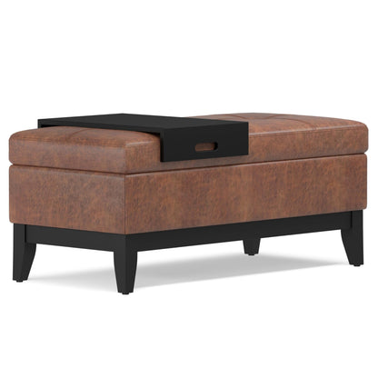 SIMPLIHOME Oregon Storage Ottoman Bench with Tray - 42 inch Wide Vegan Leather Rectangle Storage Ottoman Bench in Distressed Saddle Brown, Transitional Tufted Ottoman for Living Room with Lift-Up Lid
