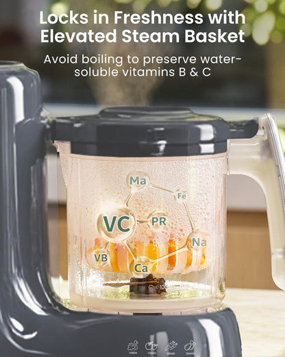 Grownsy Baby Food Maker with Steam Basket, One Step Baby Food Processor Steamer Puree Blender Grinder Mills Machine, Auto Cooking Grinding and Sterili-zing for Healthy Homemade Baby Food, Dark Grey