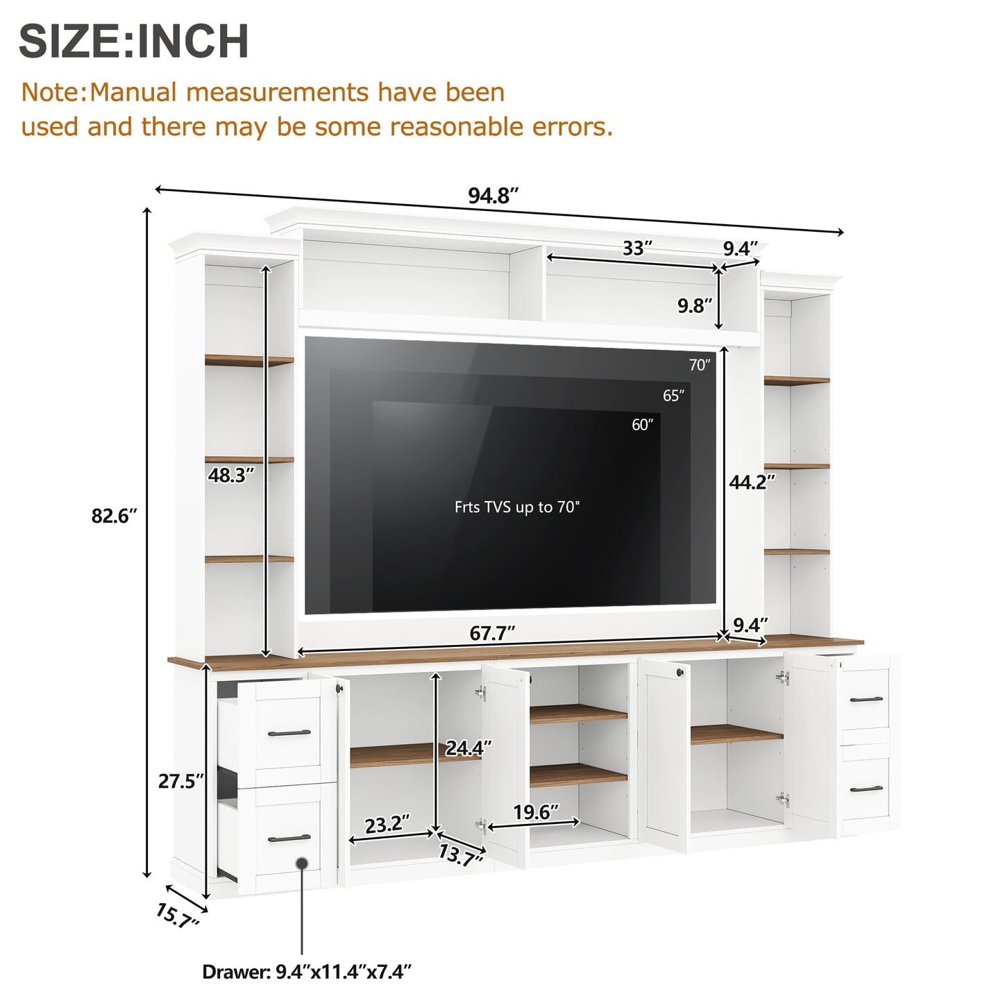 Ball & Cast 94.8" Entertainment Center Wall Unit with Bookshelf for TVs Up to 70",Farmhouse Large TV Stand with Walnut Adjustable Shelves,Retro Media Console with 4 Drawers for Living Room,White