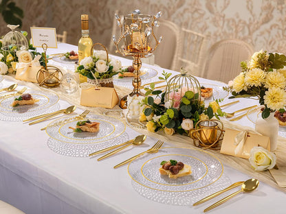 Rubtlamp 60Pcs Clear Plastic Plates,Clear Disposable Plates With Gold Rim,Heavy-duty Gold Plates,Hammered Party Plates Include 30Clear Dessert-Platos,30Dinner-Platos for Wedding, Party