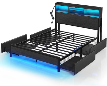 Rolanstar Full Bed Frame with Storage,4-Drawer Platform Bed with USB Charging Station,Built in LED Lights and Bookcase Headboard,No Box Spring Needed,Easy Assembly,Noise-Free,Black