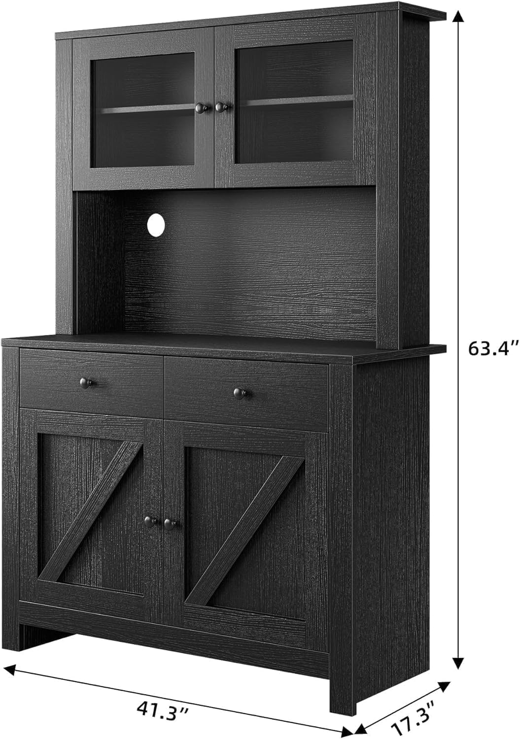 63" Tall Farmhouse Kitchen Pantry Cabinet with Microwave Stand, Freestanding Pantry Hutch Cabinet with Adjustable Shelves, Drawers & Countertop, Buffet Cupboard for Dining & Living Room Storage, Black
