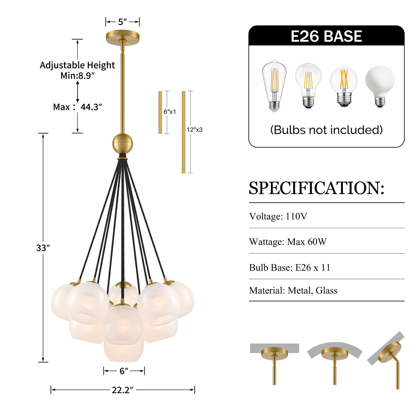 Caiselee 11-Light Brushed Gold Bubble Chandeliers, Mid Century Modern Chandelier with Cloud Texture Globe, Milk Glass Pendant Light Fixture for Dining Room Foyer Entryway Living Room, ETL Certified