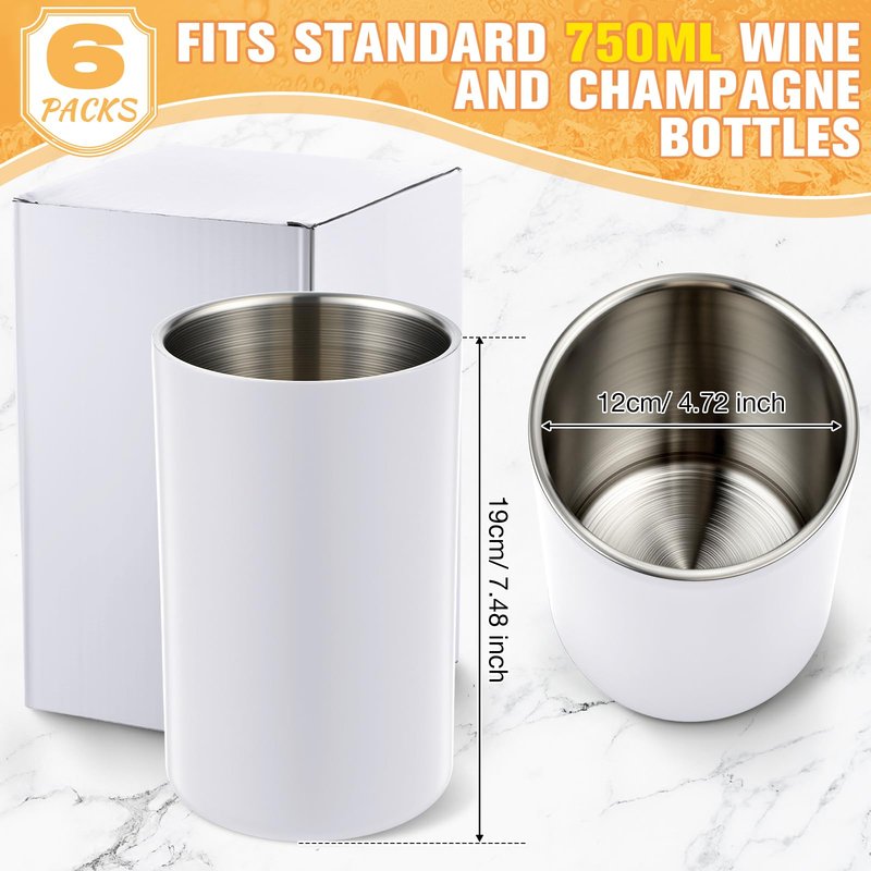 Potchen 6 Pack Wine Chiller Bucket Wine Bottles Cooler Bulk, Stainless Steel Double Wall Insulated Champagne Ice Bucket for Parties,Fits for 750 ml Bottles (White)