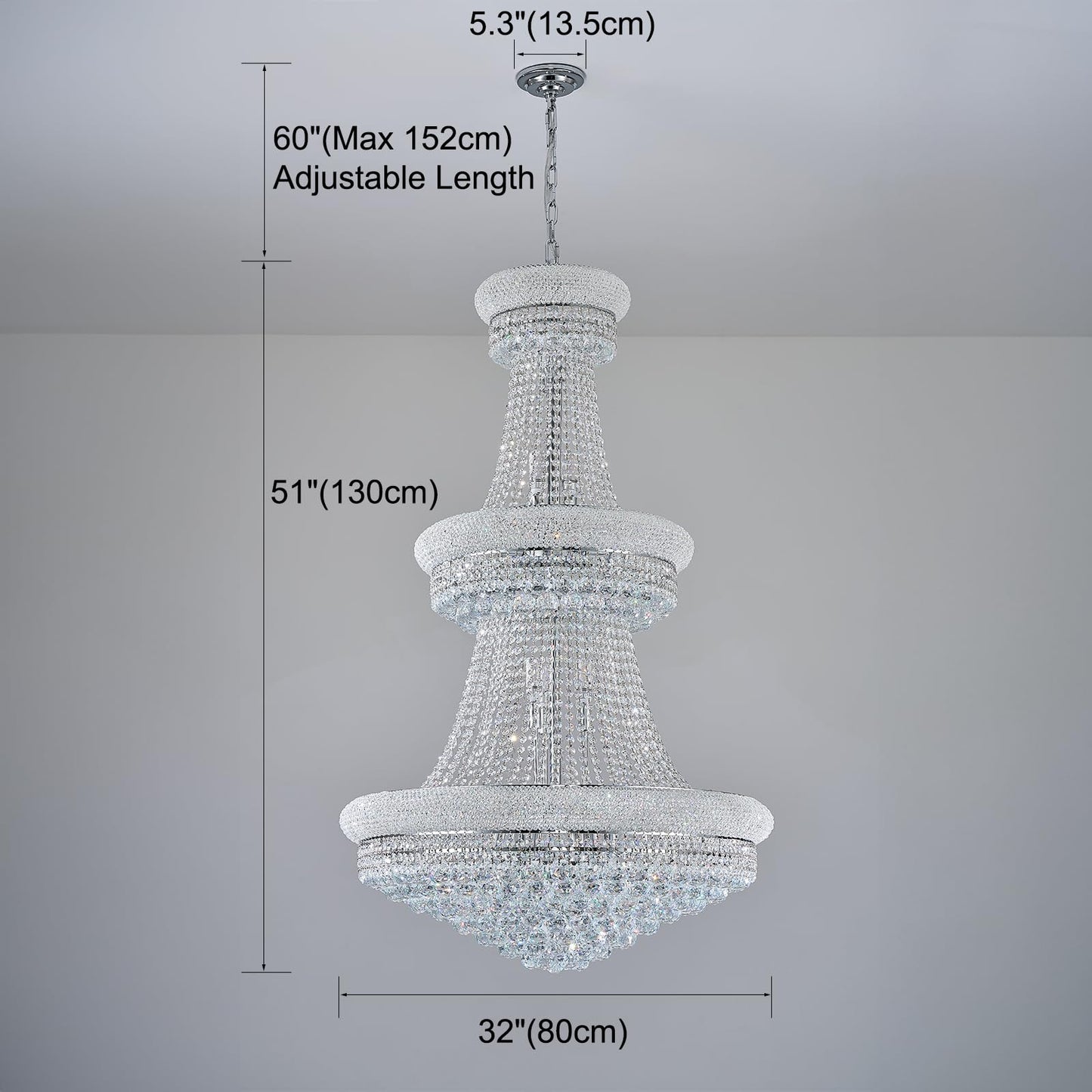 31 Lights Chrome Finish Large Empire Crystal Chandelier - Three-Tier, High Ceiling Chandelier Light fixtures for Foyer Staircase Living Room Entryway (Dia 32'')