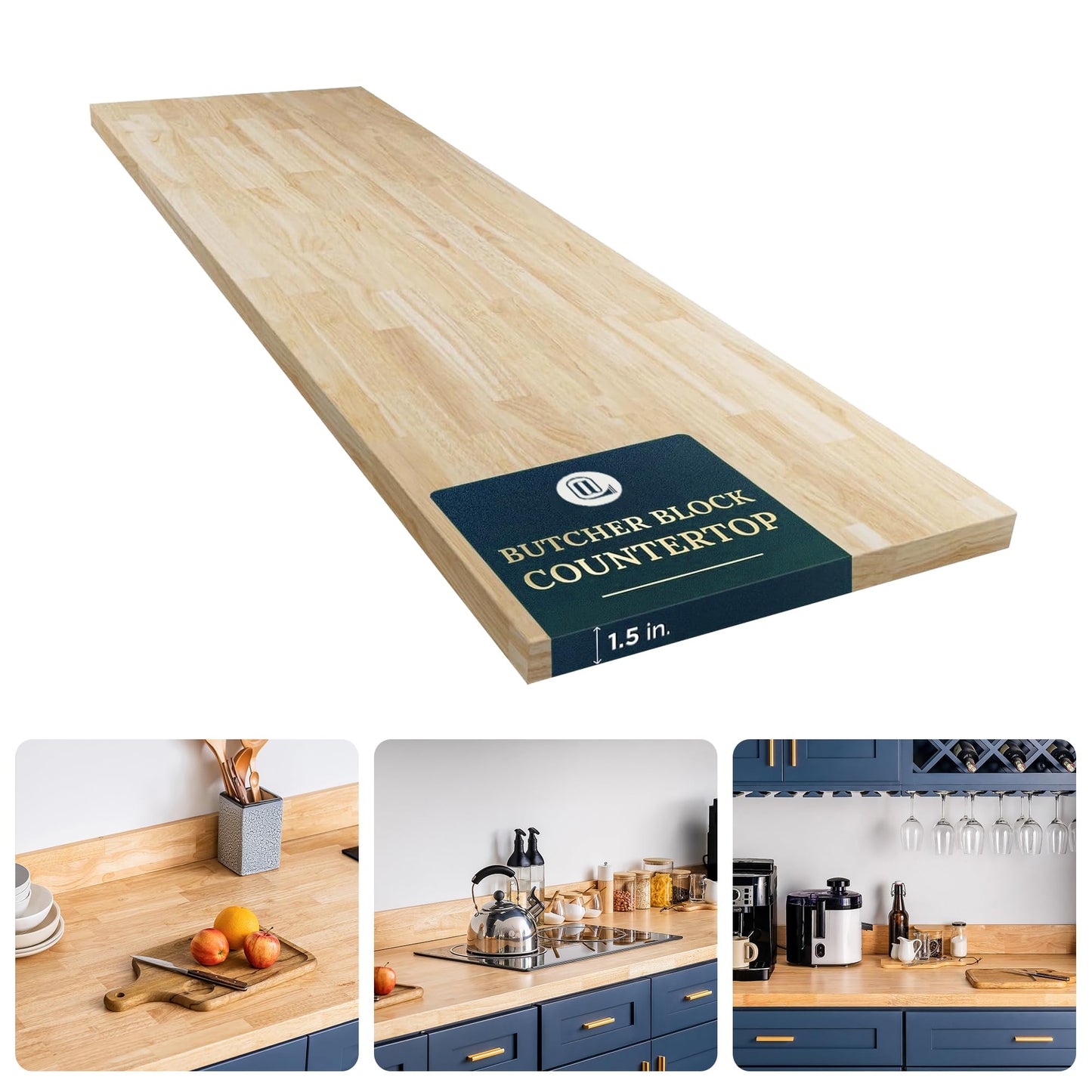 AllForWood 60''L x 36''W x 1.5''Th Hevea Solid Wood Butcher Block Countertop, Butcher Block Table Top for DIY Washer Dryer/Island/Kitchen Countertop (Unfinished)