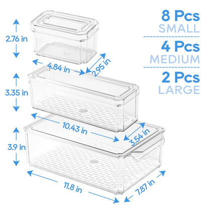 JollyPack 14 Pack Fridge Organizers, Refrigerator Organizer Bins with Lids, BPA Free Stackable Fruit Storage Containers for Fridge, Vegetables, Food and Drinks