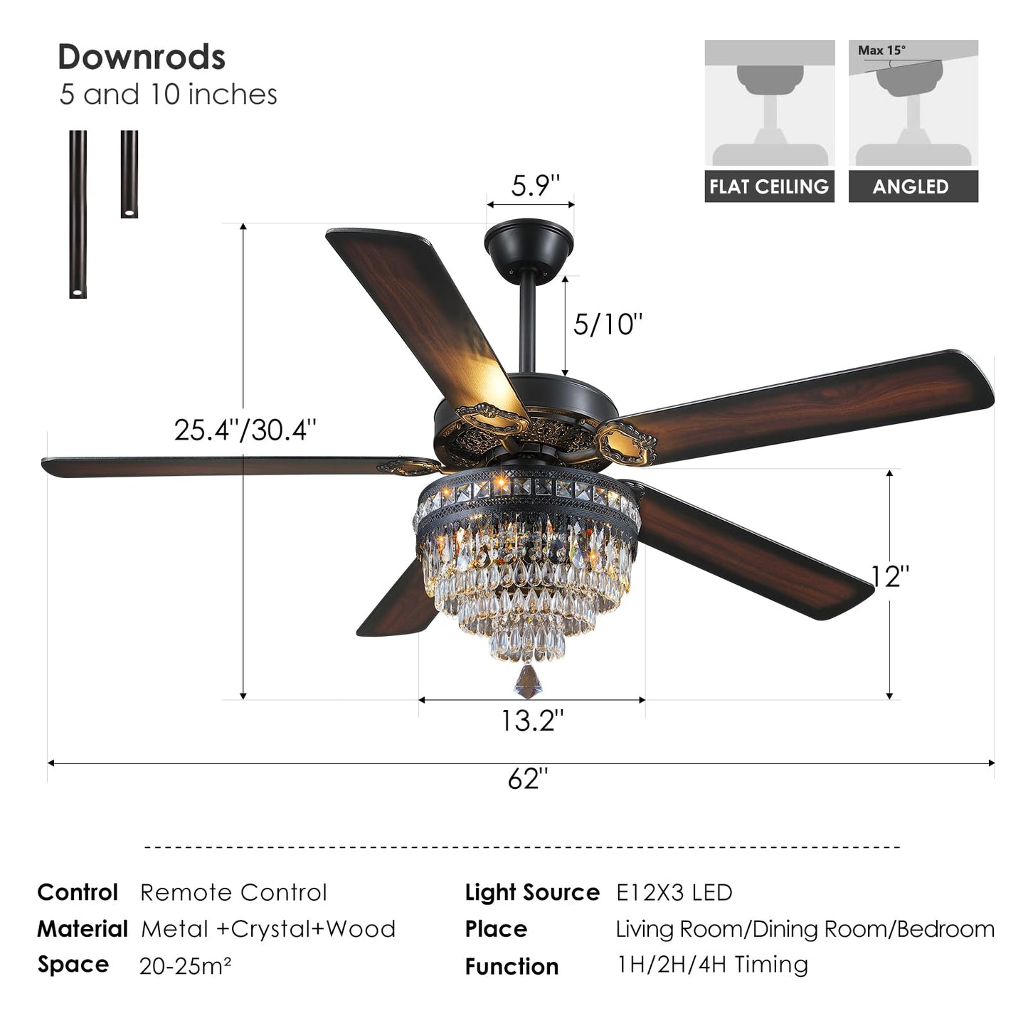 Asyko 62" Crystal Ceiling Fan Fandelier with Lights - Black Modern Crystal Chandelier Fans with Remote Control，Noiseless DC Motor, Retro/Farmhouse Lighting, Dining Room， Living Room