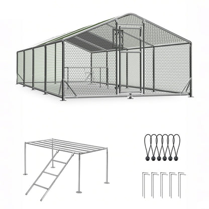 10x26FT Metal Chicken Coop, Dutch Door Chicken Run with Chicken Perch, Cover and Chicken Wire, Walk in Duck Pen for Backyard Poultry and Pet Farming