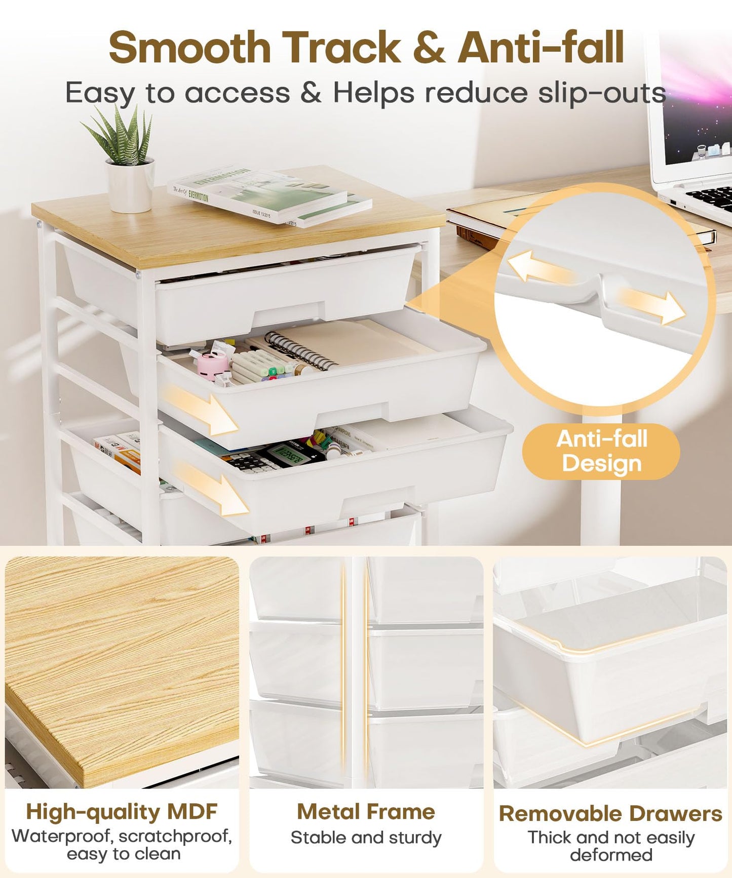Homde Rolling Storage Drawer Cart: 8-Drawer Sort to Clear Desk & Dresser Clutter - Anti-Fall Smooth Glide Prevents Spill-Out During Daily Grab - Lockable Wheels Keep It Steady