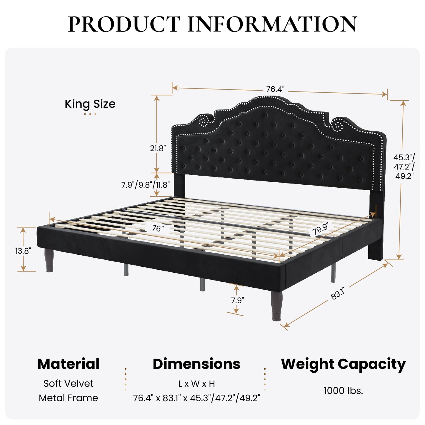 SHA CERLIN King Size Platfrom Bed Frame with Adjustable Headboard/Velvet Upholstered Diamond Button Tufted and Metal Studs/No Box Spring Needed/Easy Assembly/Wooden Slat Support/Black