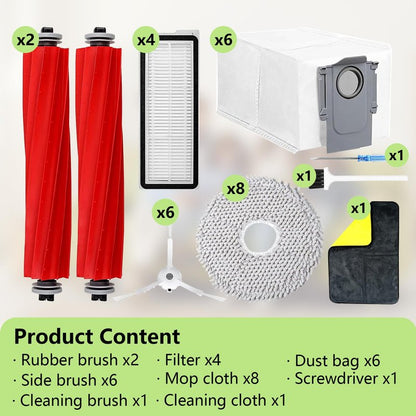 Yivy Vacuum Cleaner Replacement parts Compatible with Roborock Qrevo pro/Qrevo MaxV/Qrevo S/Qrevo plus,2 Main Brush Roller,6 White Side Brush,4 Hepa Filters,8 Mop Pads,6 Dust Bags (White-29)