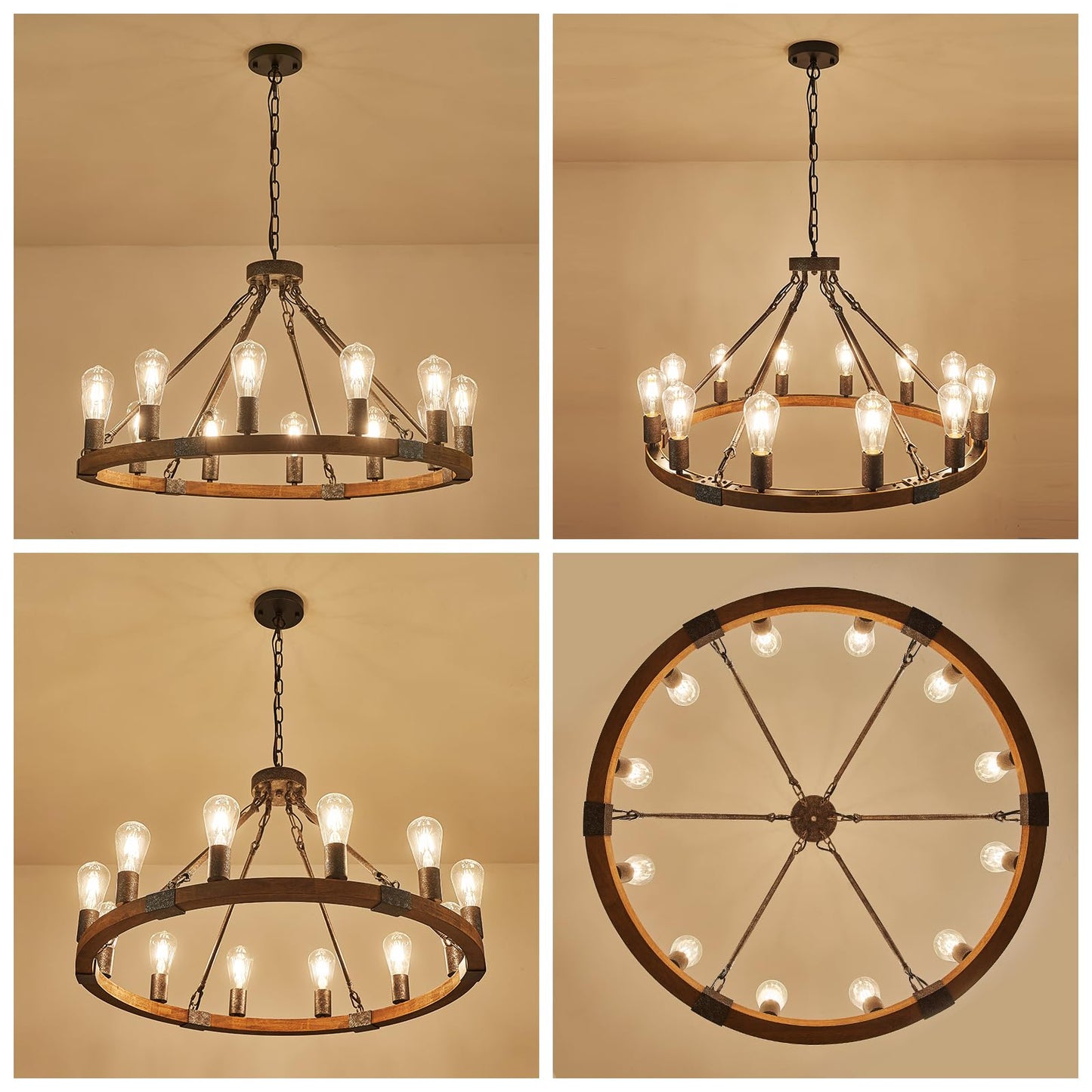 Benkut Farmhouse Wagon Wheel Chandelier 31" Black Rustic Light Fixtures 12-Light Wood Round Chandelier for Dining Room Living Room Entryway Foyer