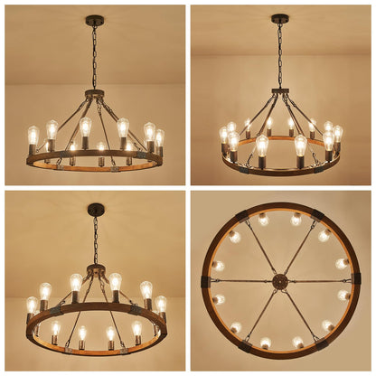 Benkut Farmhouse Wagon Wheel Chandelier 31" Black Rustic Light Fixtures 12-Light Wood Round Chandelier for Dining Room Living Room Entryway Foyer