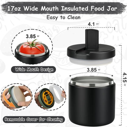 Pawtong 19oz Insulated Vacuum Food Jar with Buckle Lid Wide Mouth Soup Thermo for Hot Food Kids Leakproof Stainless Steel Lunch Container- Black-1Pack