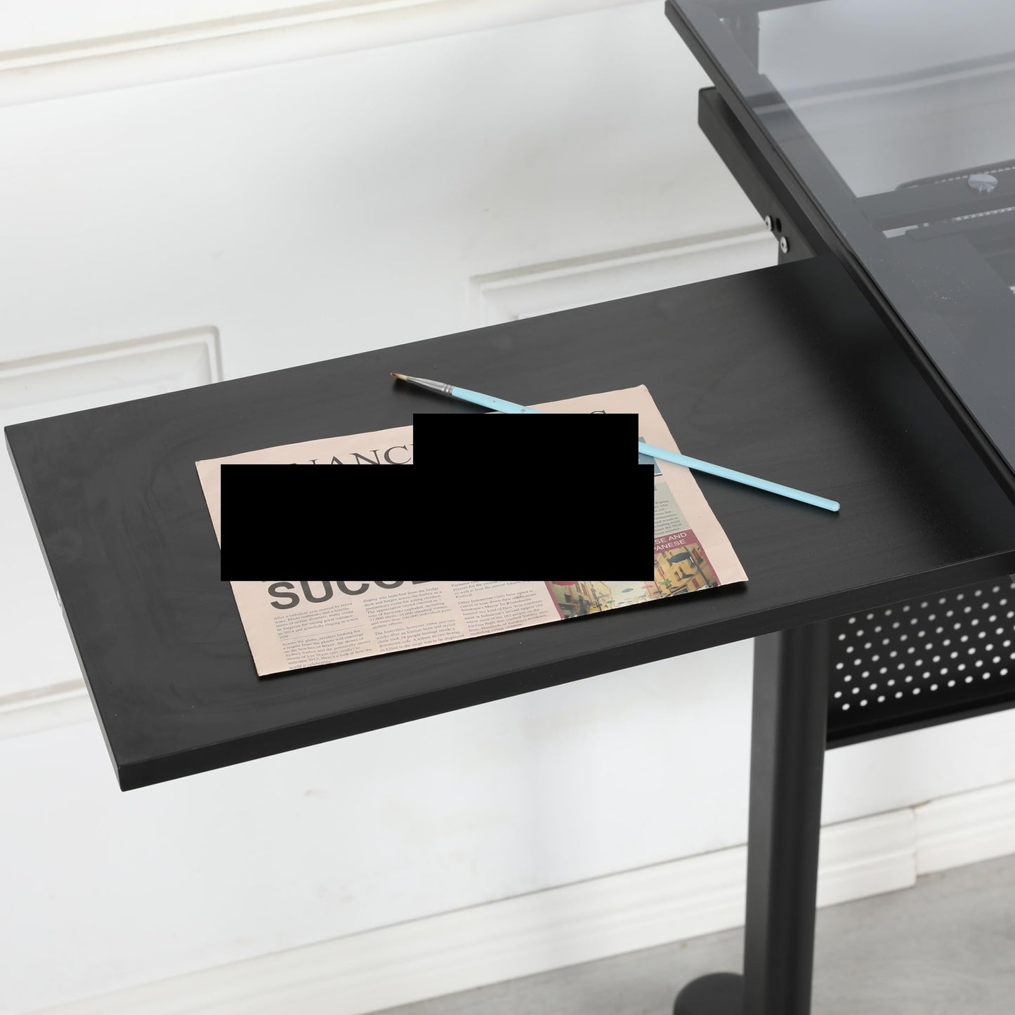 Hand Crank Adjustable Drafting Table Drawing Desk with 2 Metal Drawers，with Stool