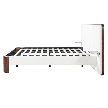 Merax King Size Upholstered Platform Bed Frame with Large Curved Headboard,Built-in Floating Shelves,Wood Slats and Metal Support for Bedroom,Noise-Free
