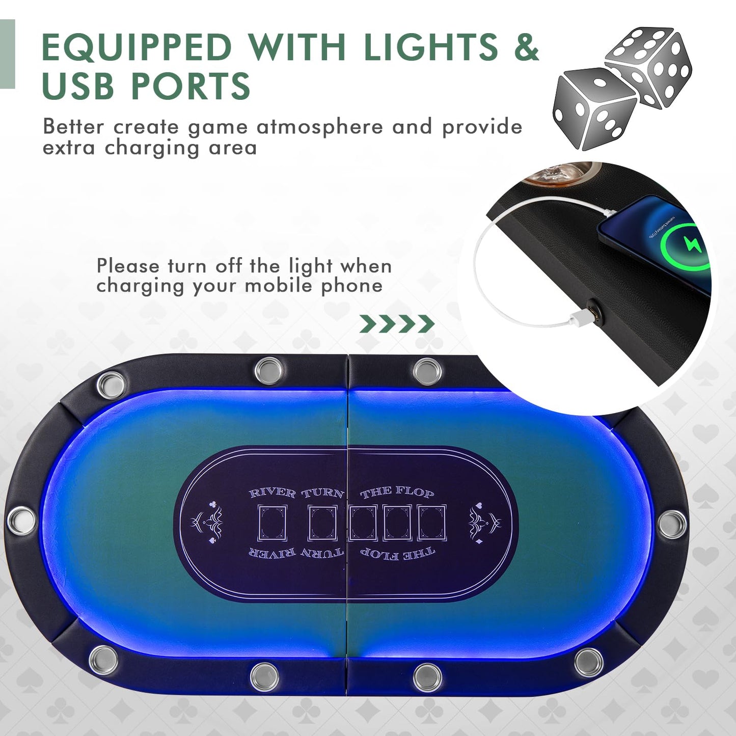 Giantex 10 Players Poker Table with Cup Holder, Folding Casino Leisure Table with 4 USB Ports, Extra Lights, Easy to Assemble, Foldable Game Poker Tables for Texas, Card Games (Green)