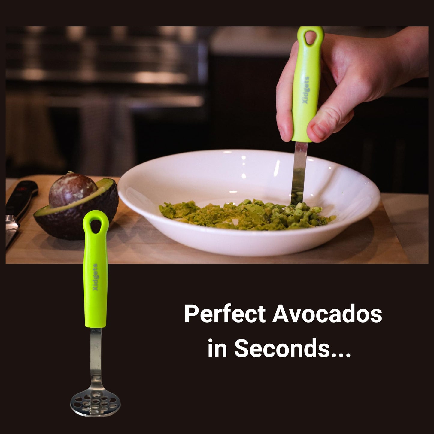 2 pc box set - Large Stainless Steel Meat Chopper & mini Avocado Masher - with Heavy Duty Handle & Mashing Head for Beef, Turkey and More – Dishwasher Safe (Midnight Plum 10"/Zippy Green Mini)