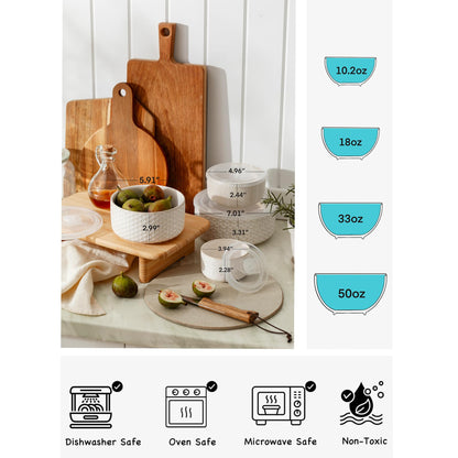 MIKIGEY Serving Bowls with Lids, Ceramic Embossed Nesting Mixing Bowls, Set of 4, Serving Bowls Set for Food Storage, Popcorn, Salad etc, Microwave & Dishwasher Safe, 10/18/33/50 OZ, Off-White