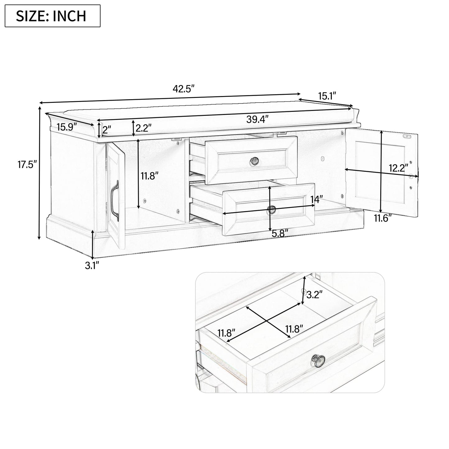 Acosure 42″ Storage Bench with 2 Drawers and 2 Cabinets，Multipurpose Entryway Shoe Rack W/Removable Cushion，for Living Room Hallway Porch,Gray Wash