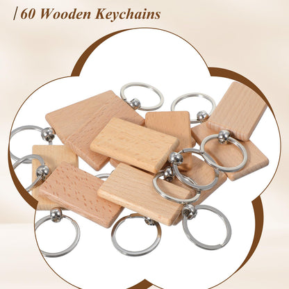 PercyEffie 60 Pcs Wooden Keychain Blanks Bulk, Rectangle Wood Key Chains Laser Engraving Unfinished Slice with 60 pcs Ring Key Tag for DIY Crafts Gift Accessories 2×1.2 inch