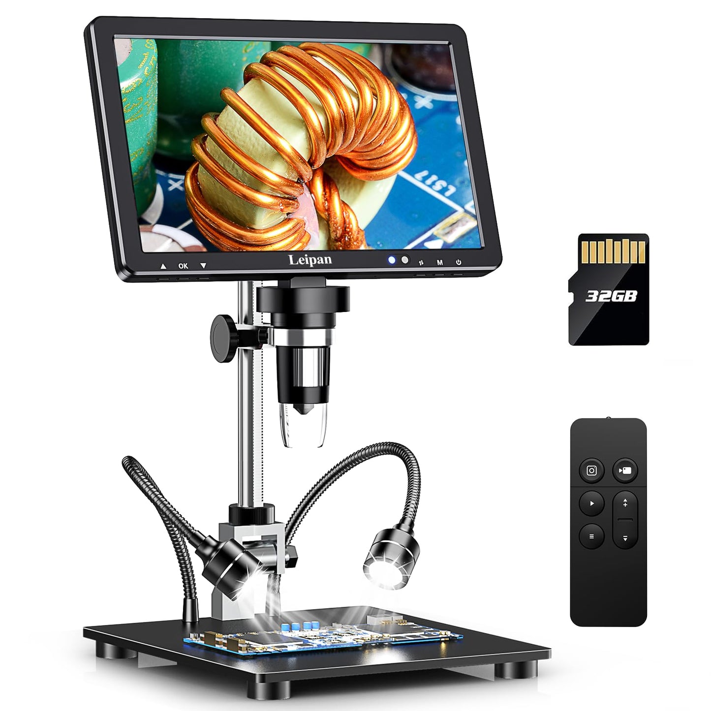 Leipan DM12 Digital Soldering Microscope 2000X, 10.1" Coin Microscope with 32GB TF Card, HDMI Connection for Adults,10 Lights,PC/TV Compatible